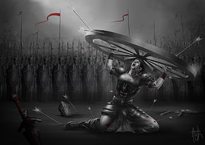 Abhimanyu Defending the Chariot Wheel Amidst a Hostile Army in Dark Fantasy Art HD wallpaper