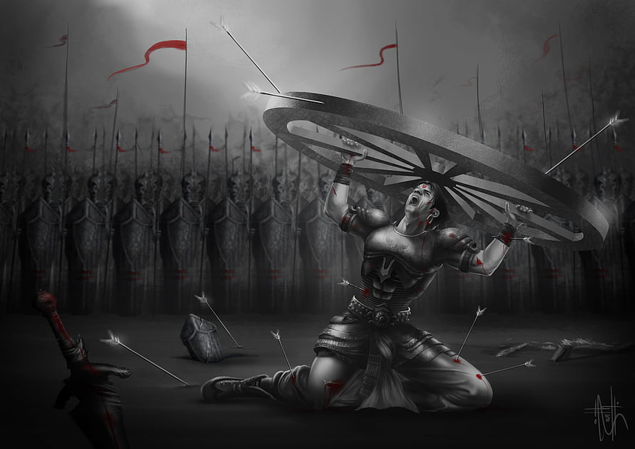Abhimanyu Defending the Chariot Wheel Amidst a Hostile Army in Dark Fantasy Art HD wallpaper
