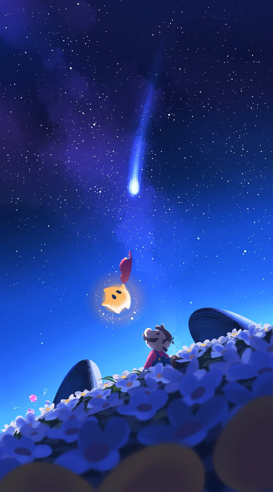 Mario and a glowing star under a meteor-filled night sky in a field of blue flowers HD phone wallpaper