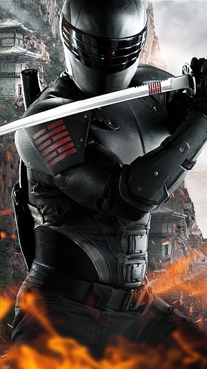 Snake Eyes from G.I. Joe: Retaliation in Black Tactical Armor Holding Katana Amid Fire and Smoke HD phone wallpaper