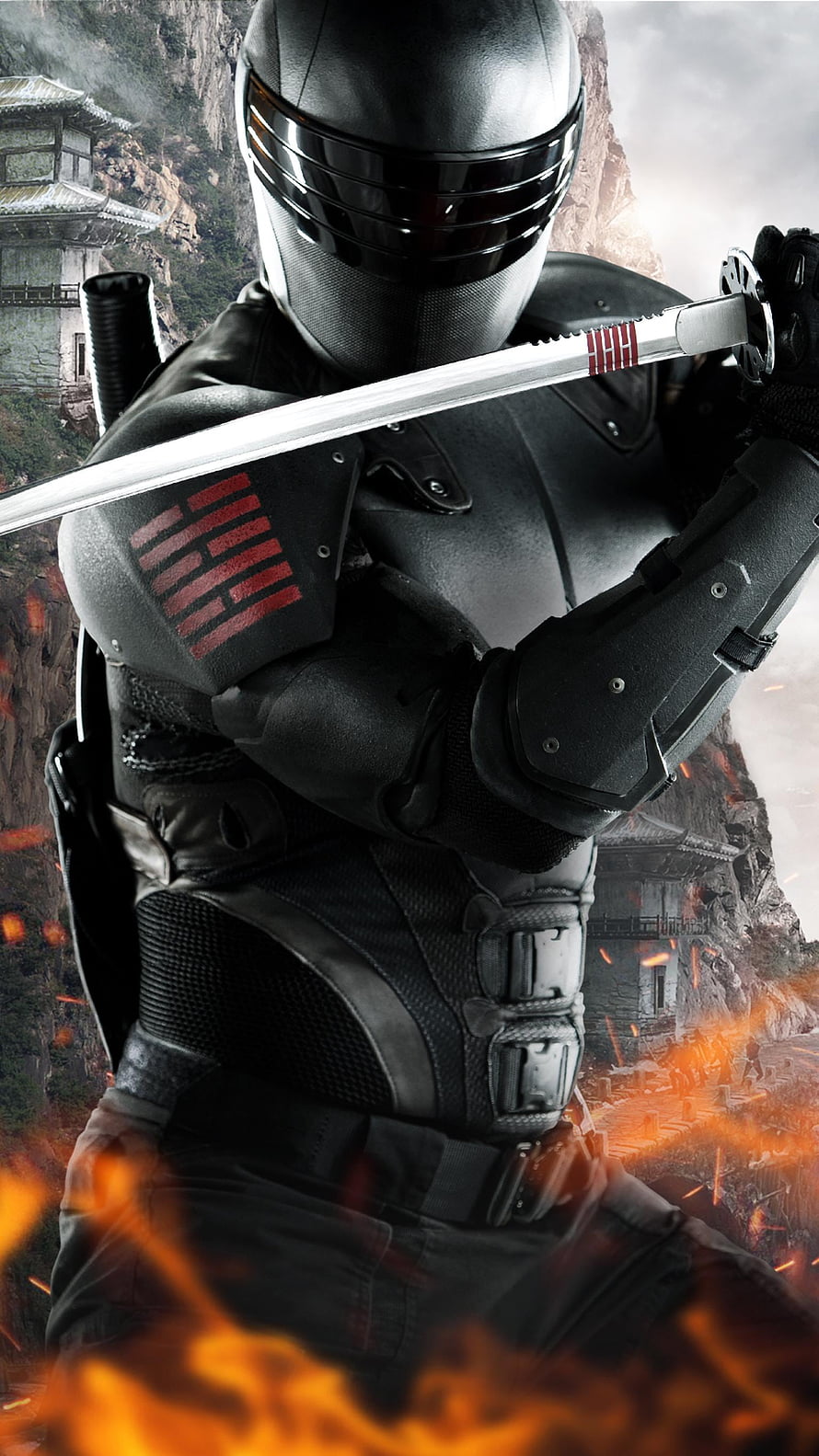 Snake Eyes from G.I. Joe: Retaliation in Black Tactical Armor Holding Katana Amid Fire and Smoke HD phone wallpaper
