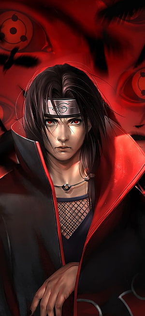 Itachi Uchiha Sharingan Portrait in Akatsuki Cloak with Red Background HD phone wallpaper