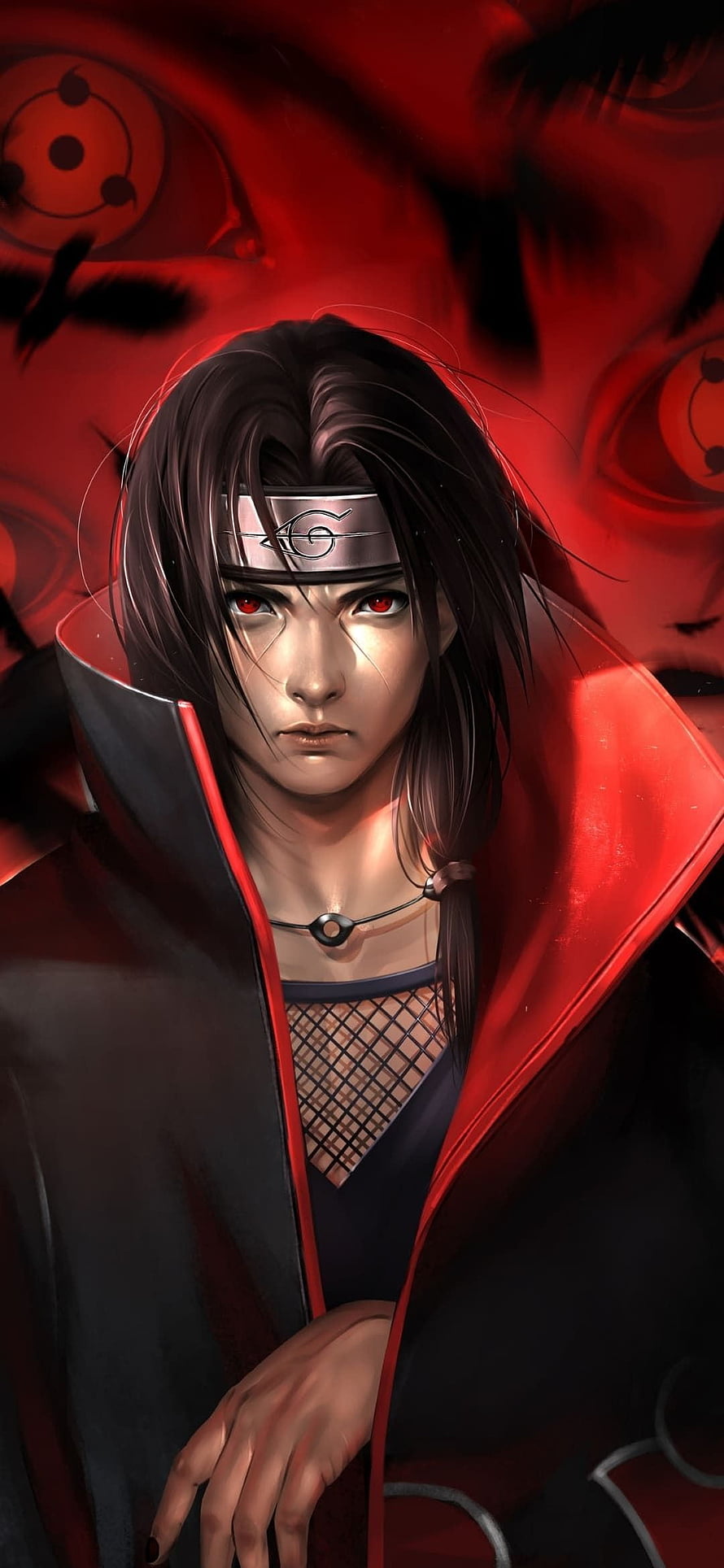 Itachi Uchiha Sharingan Portrait in Akatsuki Cloak with Red Background HD phone wallpaper