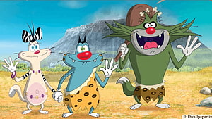 Oggy And The Cockroaches Cartoon Characters In Prehistoric Outfit HD wallpaper