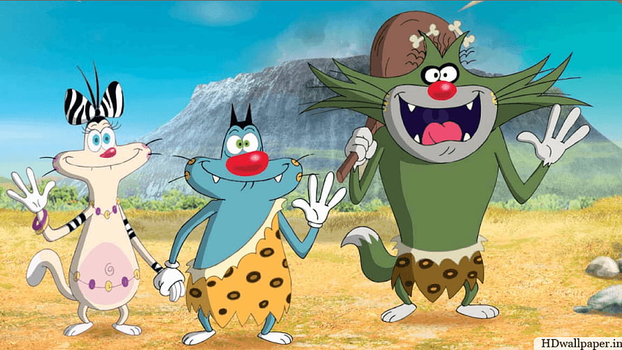 Oggy And The Cockroaches Cartoon Characters In Prehistoric Outfit HD wallpaper