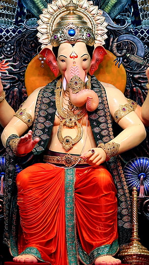 Lalbaugcha Raja Ganesha Murti in Ornate Red Dhoti and Gold Jewelry HD phone wallpaper