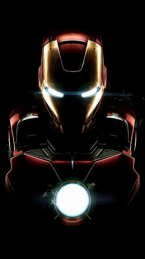 Iron Man Armor Close-Up with Glowing Arc Reactor and Eyes on Black Background, Ironman, hollywood movie, avengers HD phone wallpaper