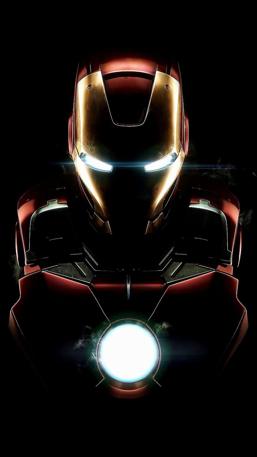 Iron Man Armor Close-Up with Glowing Arc Reactor and Eyes on Black Background HD phone wallpaper