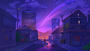 Purple Lofi Cityscape at Night with a Glowing Comet and Starry Sky HD wallpaper