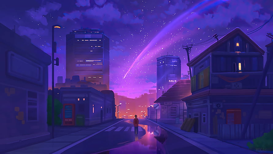 Purple Lofi Cityscape at Night with a Glowing Comet and Starry Sky HD wallpaper