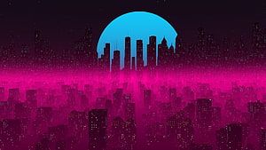 Neon Pink and Cyan Retro Cityscape with Giant Moon in Synthwave Style HD wallpaper
