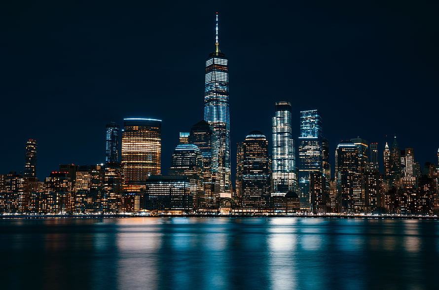 New York City Lower Manhattan Skyline at Night with One World Trade Center HD wallpaper