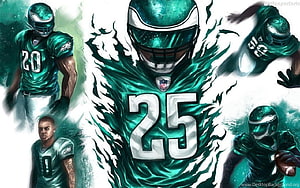 Philadelphia Eagles Football Players Digital Artwork with Dynamic Green and White Action Illustration HD wallpaper