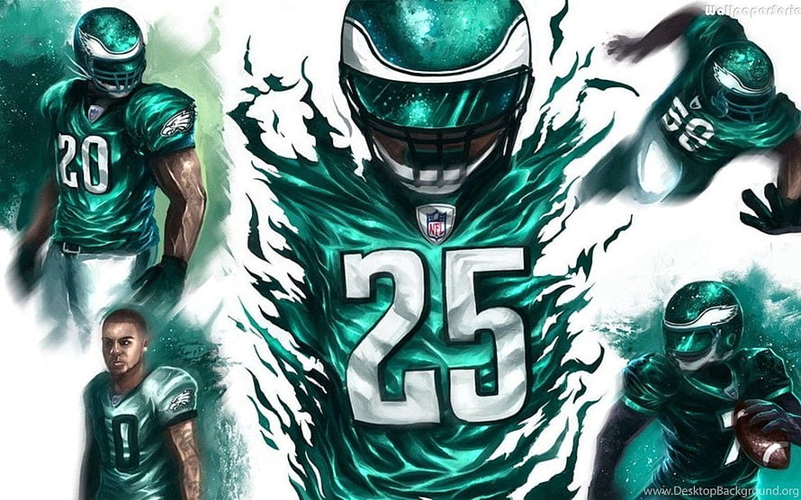Philadelphia Eagles Football Players Digital Artwork with Dynamic Green and White Action Illustration HD wallpaper