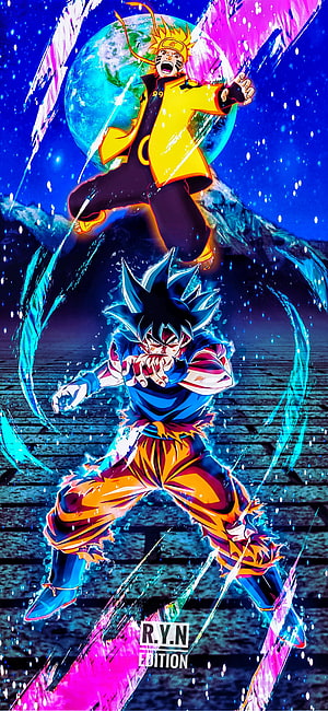 Naruto and Goku Ultra Instinct Anime Crossover Artwork with Earth Background HD phone wallpaper