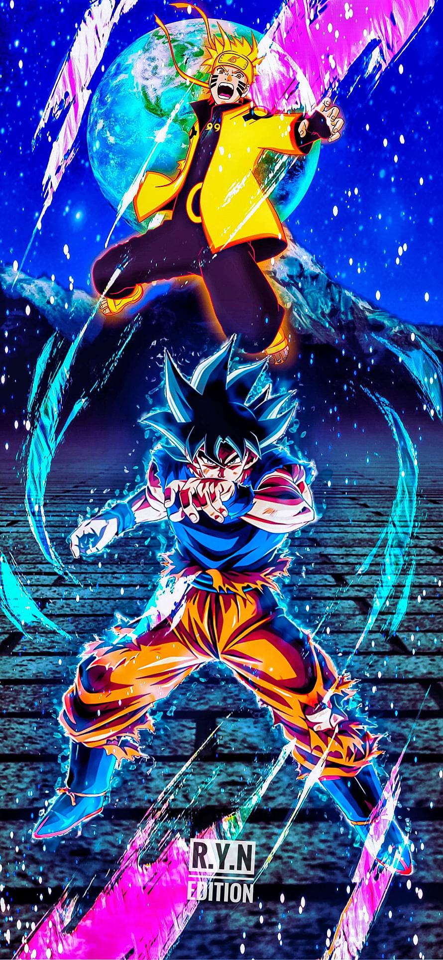 Naruto and Goku Ultra Instinct Anime Crossover Artwork with Earth Background HD phone wallpaper