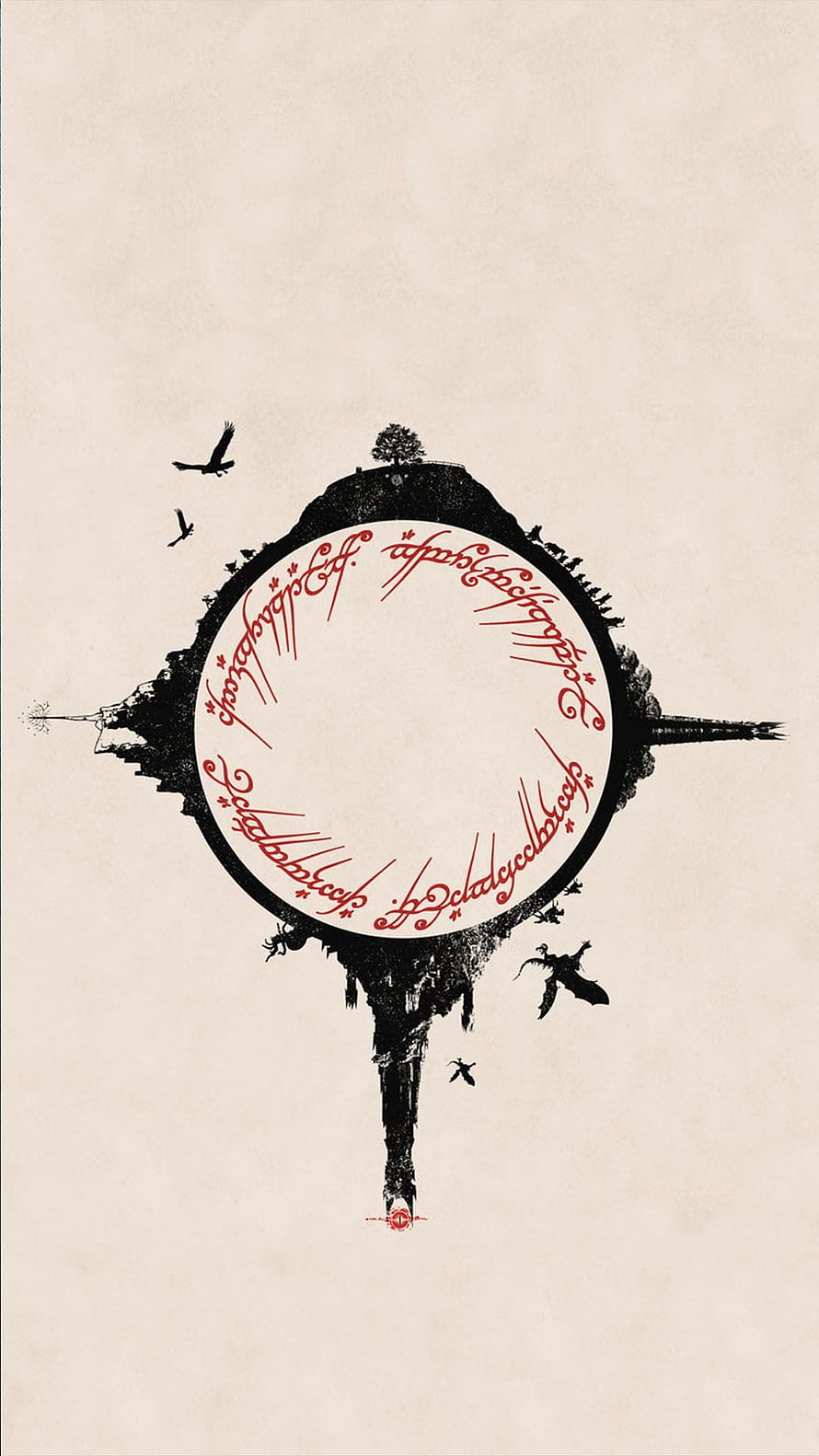 Lord of the Rings Minimalist Ink Design with Elvish Script and Silhouetted Birds HD phone wallpaper
