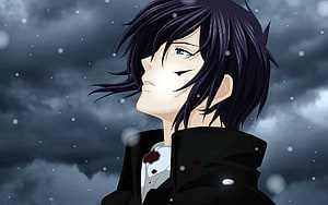 Melancholic Anime Character With Dark Hair And Blue Eyes In Snowy Storm HD wallpaper