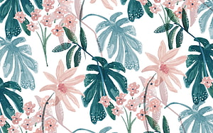 Watercolor Tropical Floral Pattern with Monstera Leaves and Pink Flowers HD wallpaper