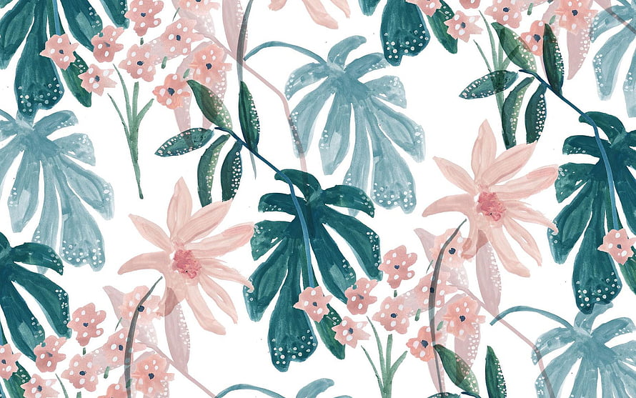 Watercolor Tropical Floral Pattern with Monstera Leaves and Pink Flowers HD wallpaper
