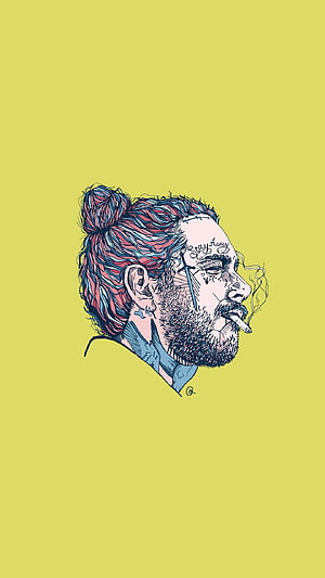 Post Malone Tattoo Style Portrait Illustration with Man Bun and Cigarette on Yellow Background HD phone wallpaper