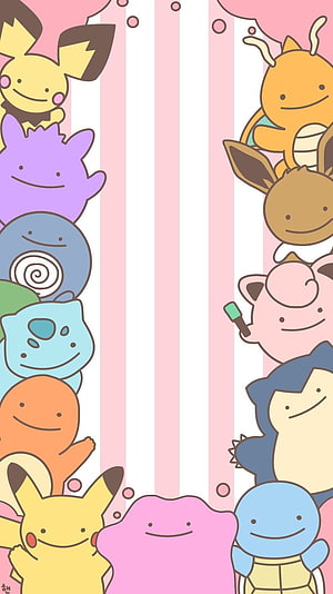Cute Chibi Pokemon Lineup on Pink Striped Background HD phone wallpaper