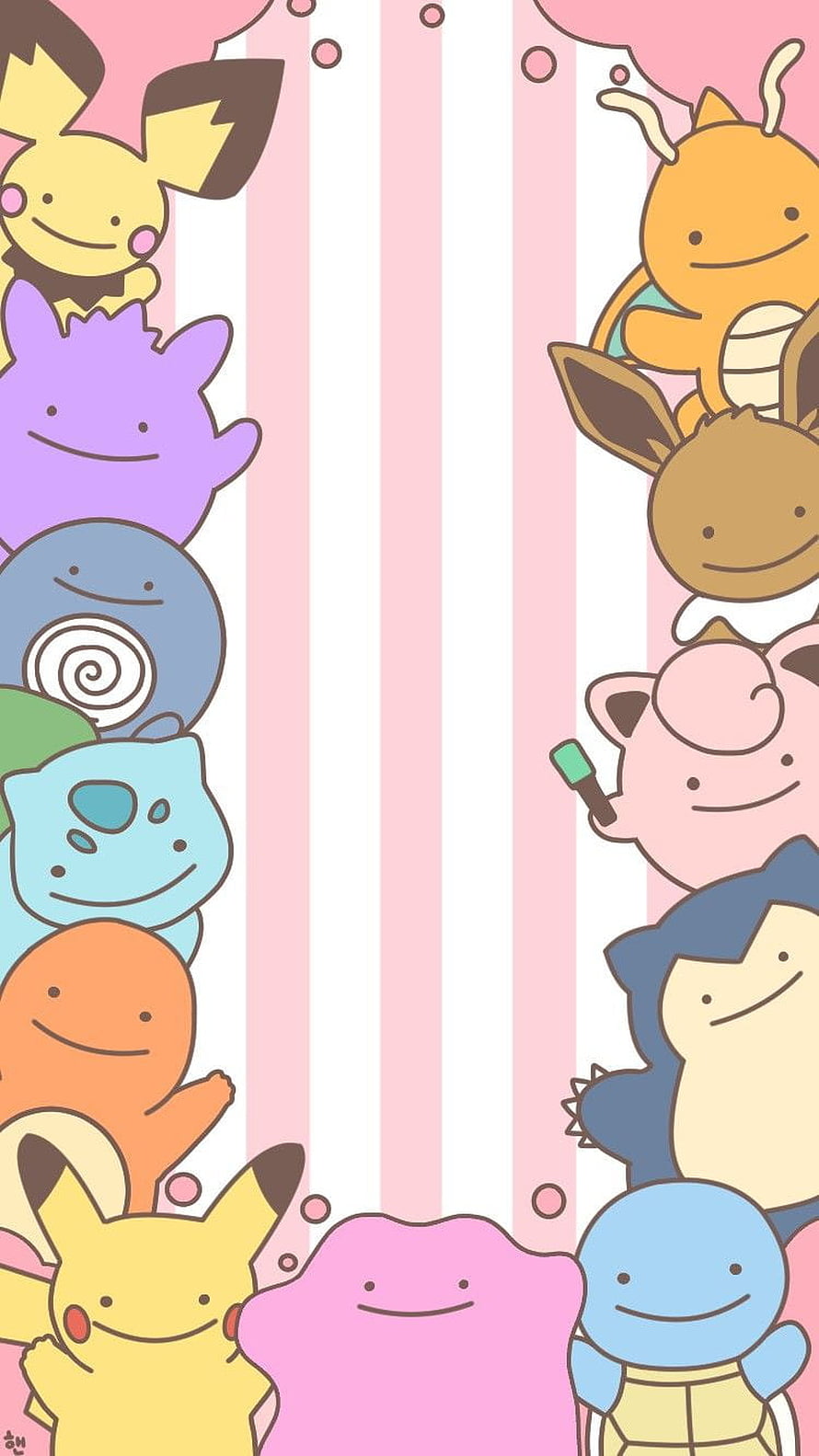 Cute Chibi Pokemon Lineup on Pink Striped Background HD phone wallpaper
