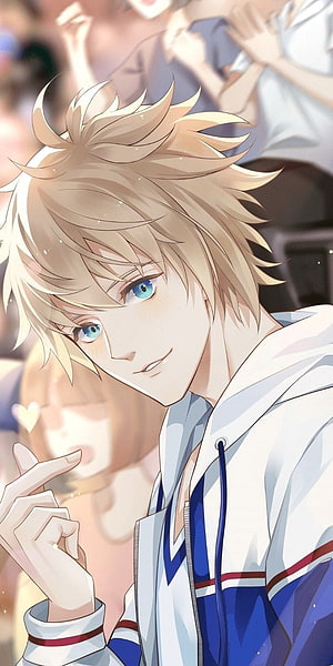 Blond Anime Boy in White and Blue Hoodie with Soft Blue Eyes HD phone wallpaper