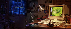 Cozy Retro Gaming Setup with Vintage CRT Monitor and Joystick in a Dimly Lit Room HD wallpaper