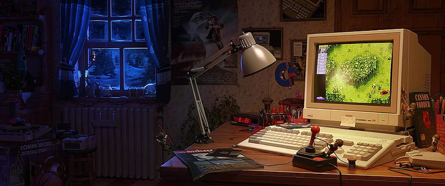 Cozy Retro Gaming Setup with Vintage CRT Monitor and Joystick in a Dimly Lit Room HD wallpaper