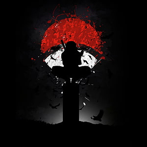 Itachi Uchiha Silhouette with Red Moon and Crows in Dark Anime Style HD phone wallpaper