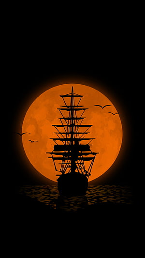 Silhouetted Tall Ship Against a Glowing Orange Moon on Dark Ocean HD phone wallpaper