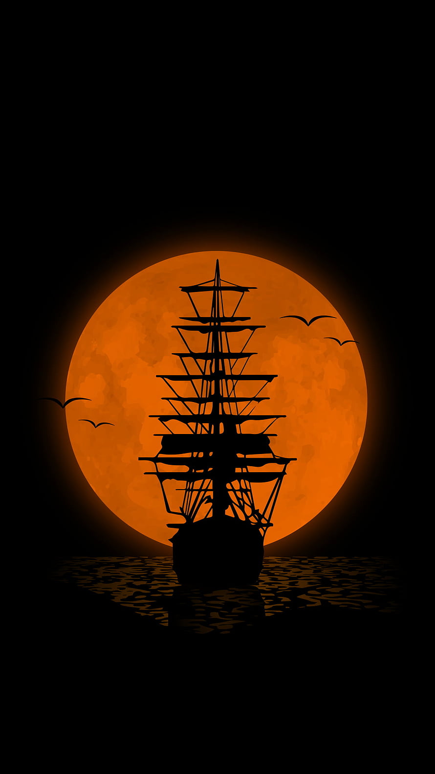 Silhouetted Tall Ship Against a Glowing Orange Moon on Dark Ocean HD phone wallpaper