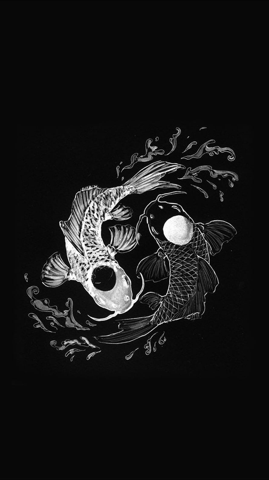 Monochrome Yin Yang Koi Fish Illustration with Water Splashes on Black Background HD phone wallpaper