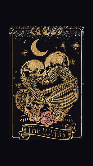 The Lovers Tarot Card Featuring Embracing Skeletons and Roses in Gold Foil Style HD phone wallpaper