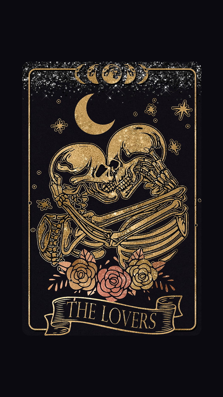 The Lovers Tarot Card Featuring Embracing Skeletons and Roses in Gold Foil Style HD phone wallpaper