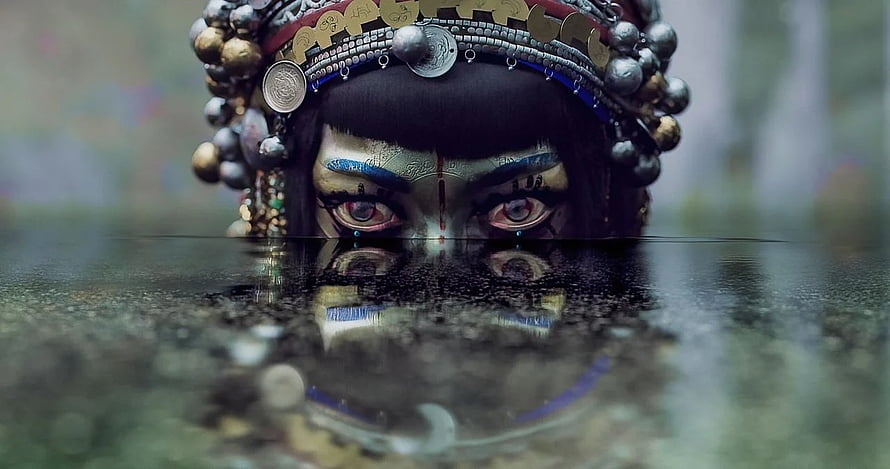 Jibaro Character Portrait with Ornate Headdress and Water Reflection HD wallpaper
