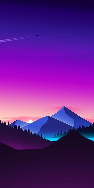 Minimalist Mountain Landscape at Sunset with Airplane Trail and Purple Sky Gradient HD phone wallpaper