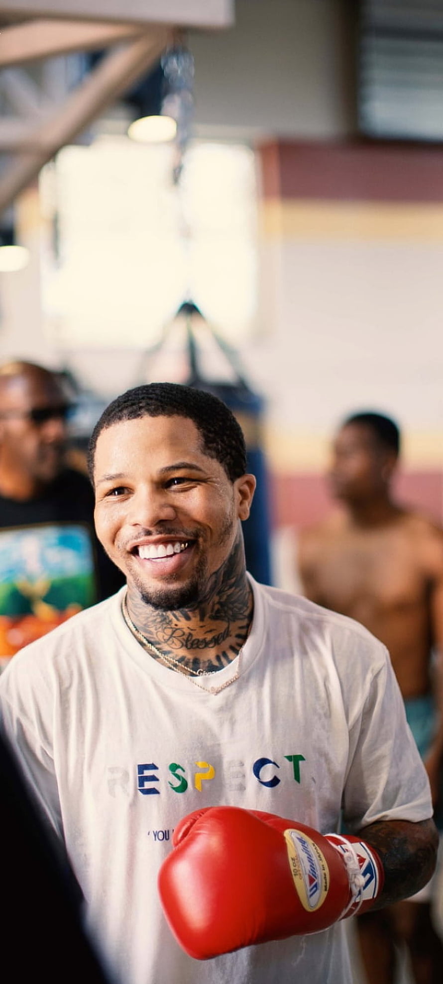 Gervonta Davis Smiling in Boxing Gym Wearing Red Gloves and Respect T-Shirt HD phone wallpaper