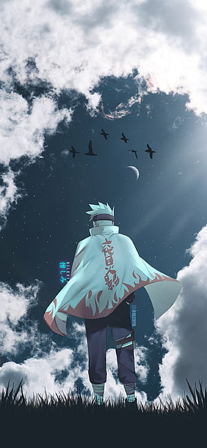 Kakashi Hatake Standing in Grass Under a Starry Night Sky with Birds and Moon HD phone wallpaper