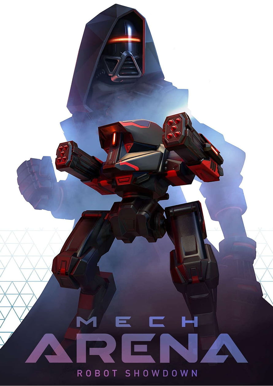 Mech Arena Robot Showdown Poster Featuring Armored Combat Mech and Hooded Figure HD phone wallpaper