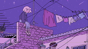 Anime Girl Sitting on Rooftop Wall Under Starry Night Sky with Laundry Lines HD wallpaper