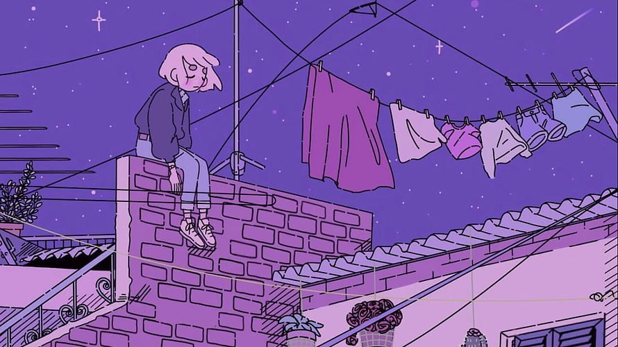 Anime Girl Sitting on Rooftop Wall Under Starry Night Sky with Laundry Lines HD wallpaper