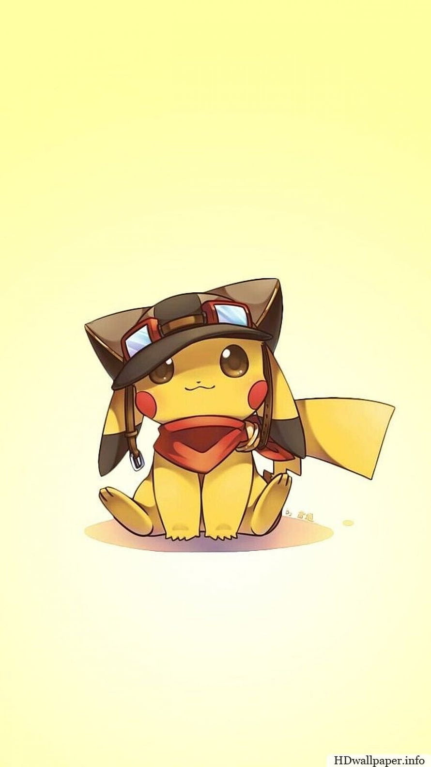 Cute Pikachu in Explorer Outfit with Hat and Goggles on Soft Yellow Background HD phone wallpaper