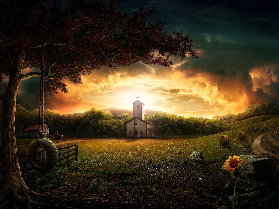 Rural Church at Golden Hour with Dramatic Storm Clouds and Countryside Fields HD wallpaper