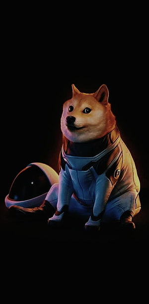Doge in a futuristic astronaut suit with helmet resting on a dark background HD phone wallpaper