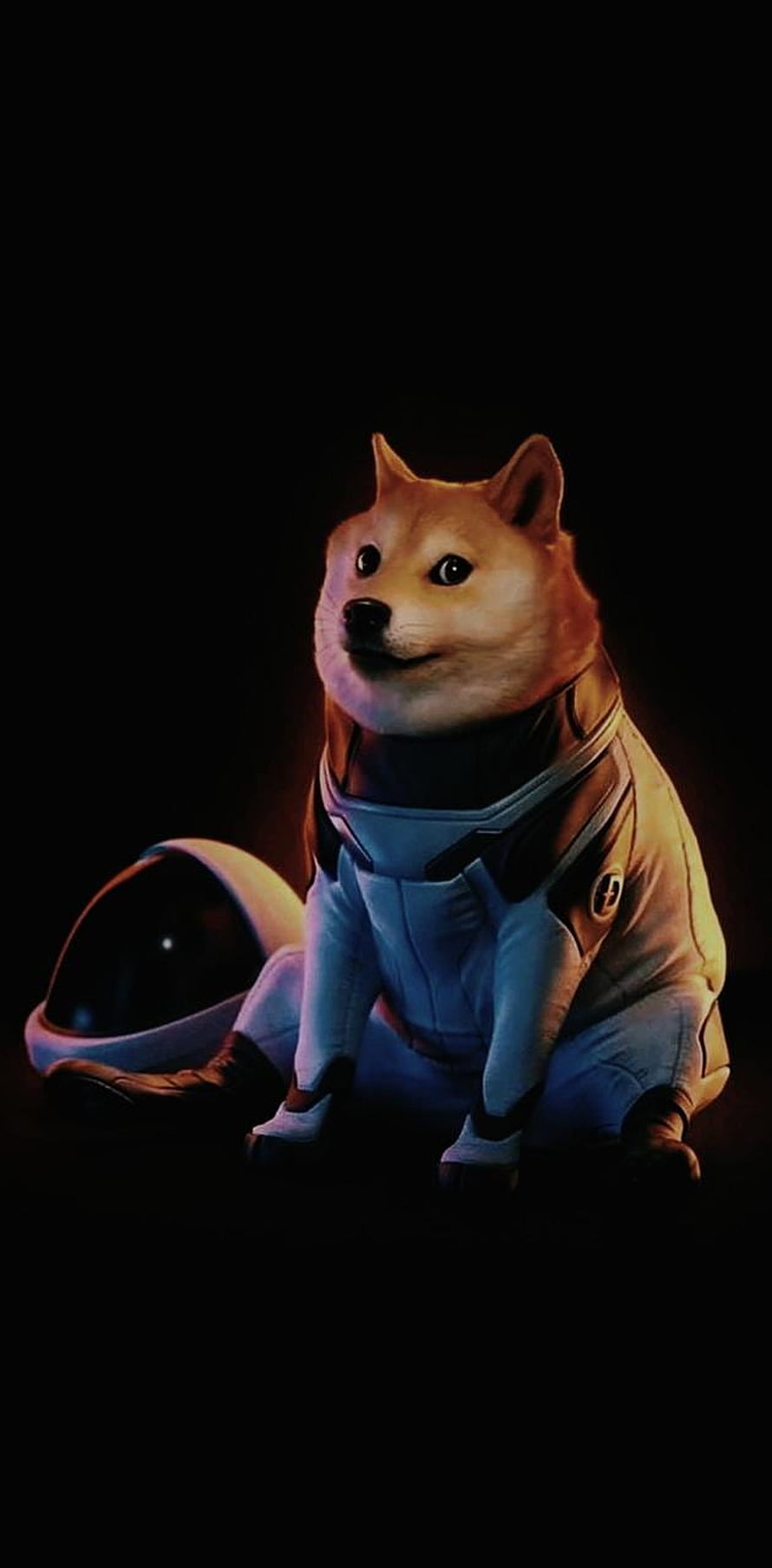 Doge in a futuristic astronaut suit with helmet resting on a dark background HD phone wallpaper