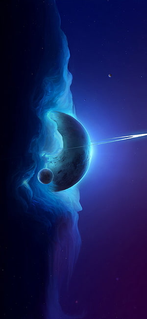 Ethereal Blue Nebula and Distant Planets in Deep Space Digital Art HD phone wallpaper