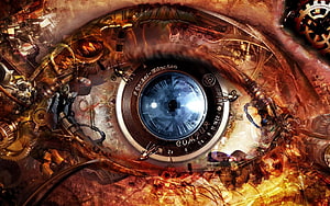 Steampunk Mechanical Eye with Vintage Camera Lens and Brass Gears HD wallpaper