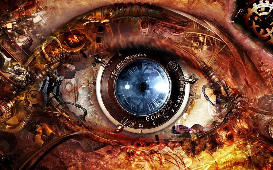 Steampunk Mechanical Eye with Vintage Camera Lens and Brass Gears HD wallpaper